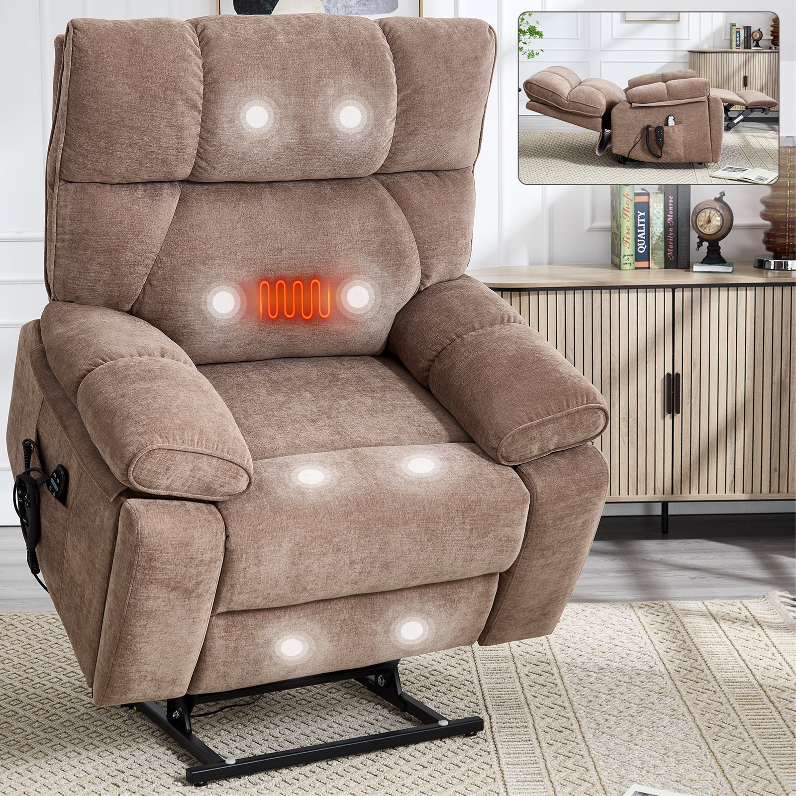 Brown Heat Massage Dual Motor Infinite Position Up to 350 LBS Large Electric Power Lift Recliners with Hidden Cup Holders, Power-Remote, Medium-firm and Heavy Duty