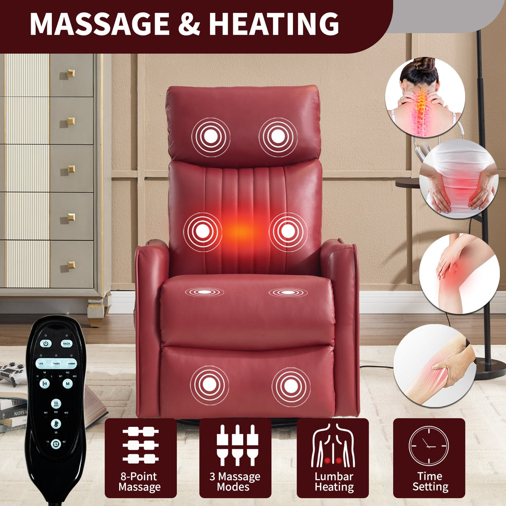 Red Faux Leather Heat Massage Manual Recliner Chair with Rocker and Swivel for Living Room