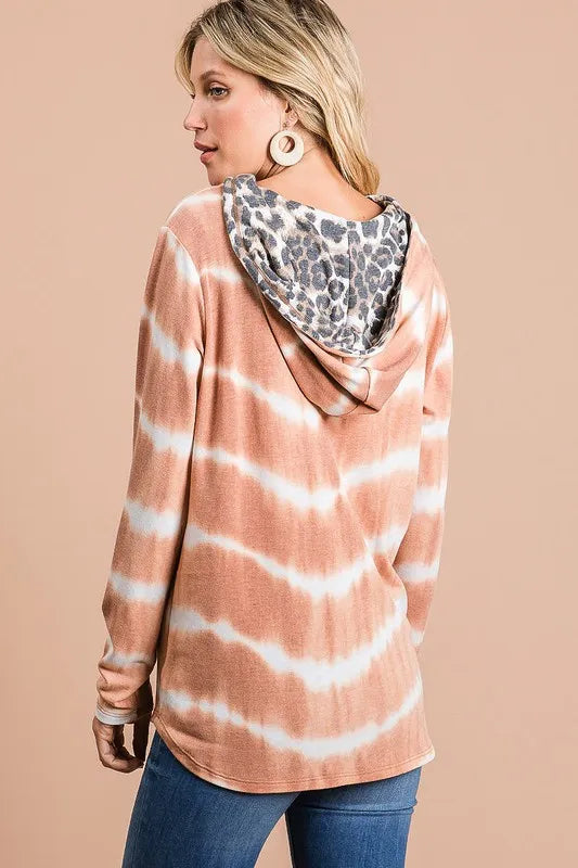 BiBi Tie Dye Stripe Terry Drawstring Hoodie With Leopard