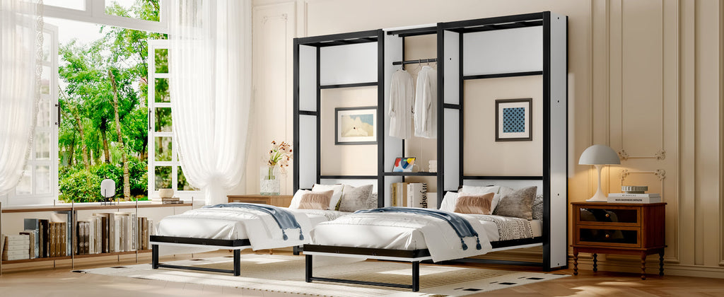 Twin and Twin Murphy Bed, Metal Foldable Murphy Bed with Wardrobe, Shelves and Power Outlets, 2 in 1 Design, Space-saving, White