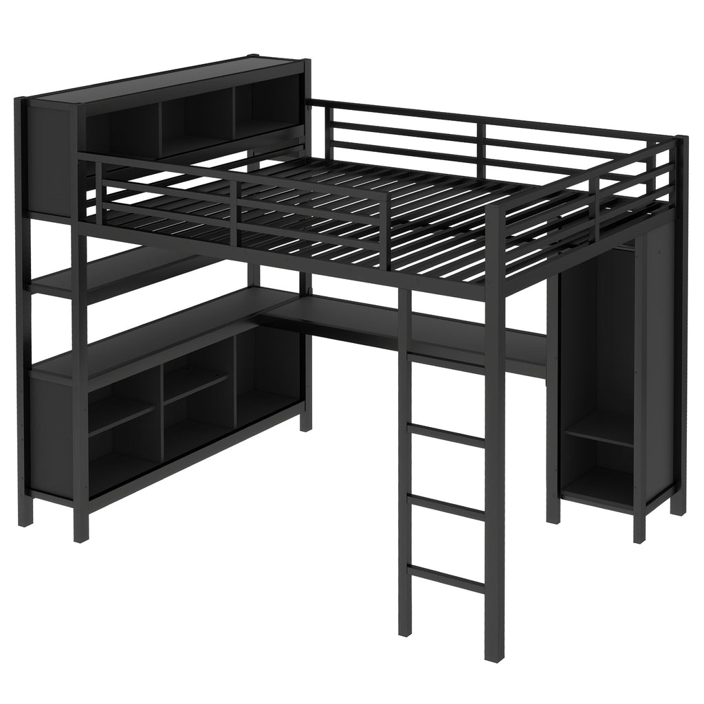 Metal Loft Bed with Wardrobe And L-shaped Desk, Queen Size Loft Bed with Storage Cubes and Shelves, Heavy Duty Loft Bed for Kids Teens Adults, Black