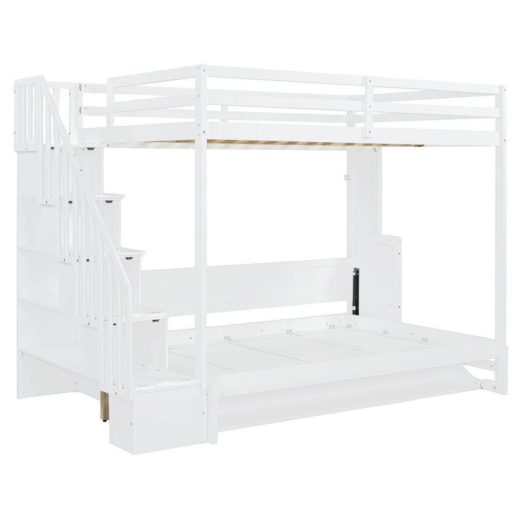 Full Over Full Size Murphy Bed with Hydraulic Lift & Desk Design, White