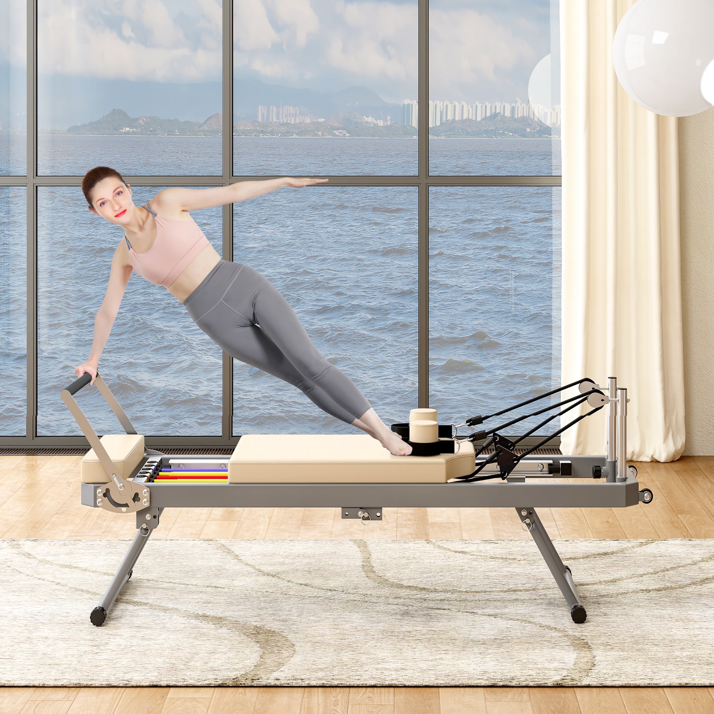 Pilates Reformer Machine for Home Gym Workout, Foldable Pilates Equipment with High Strength Alloy Springs for Beginners, Up to 330lbs,Beige