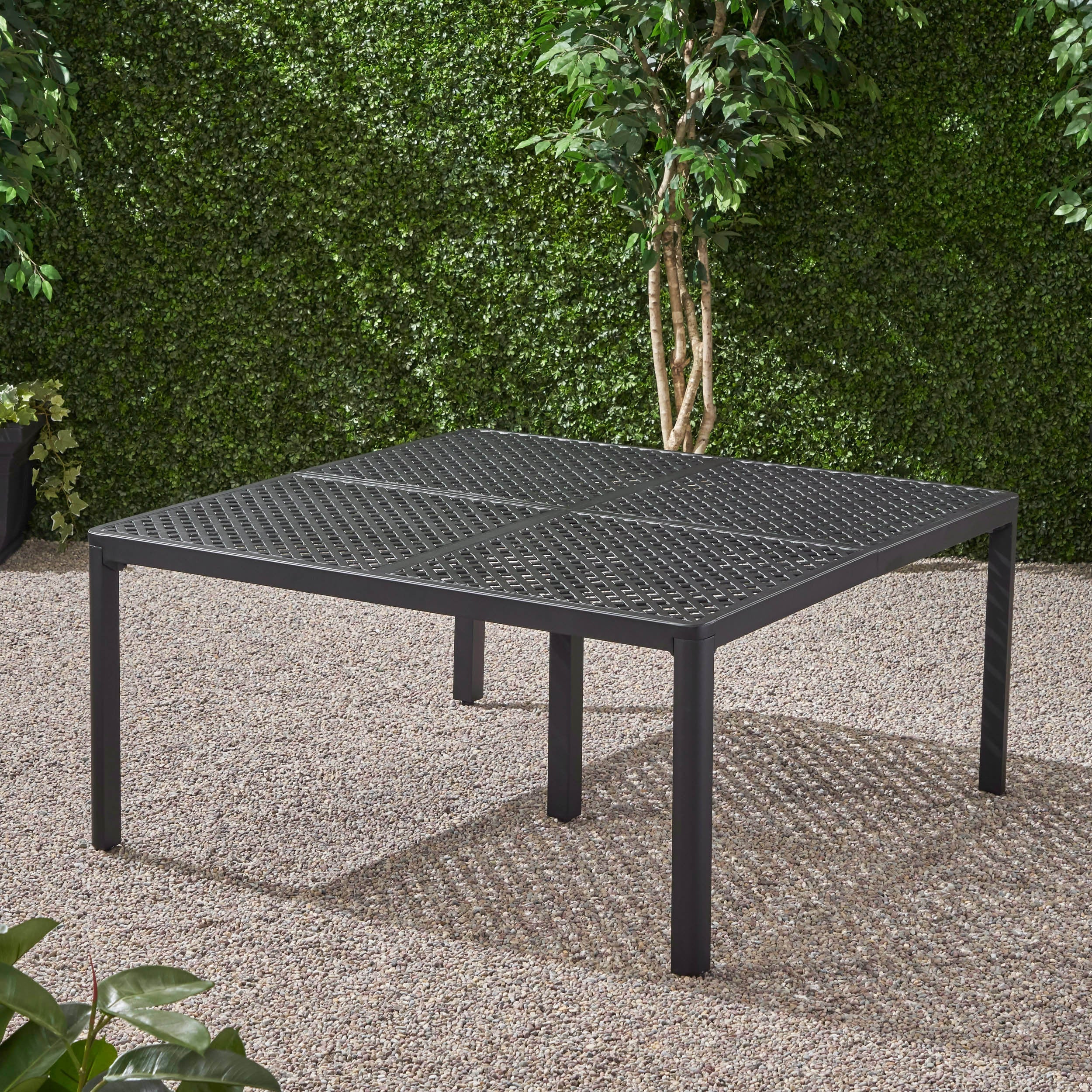 Modern Outdoor Dining Table with Woven Accents in Antique Matte Black Aluminum