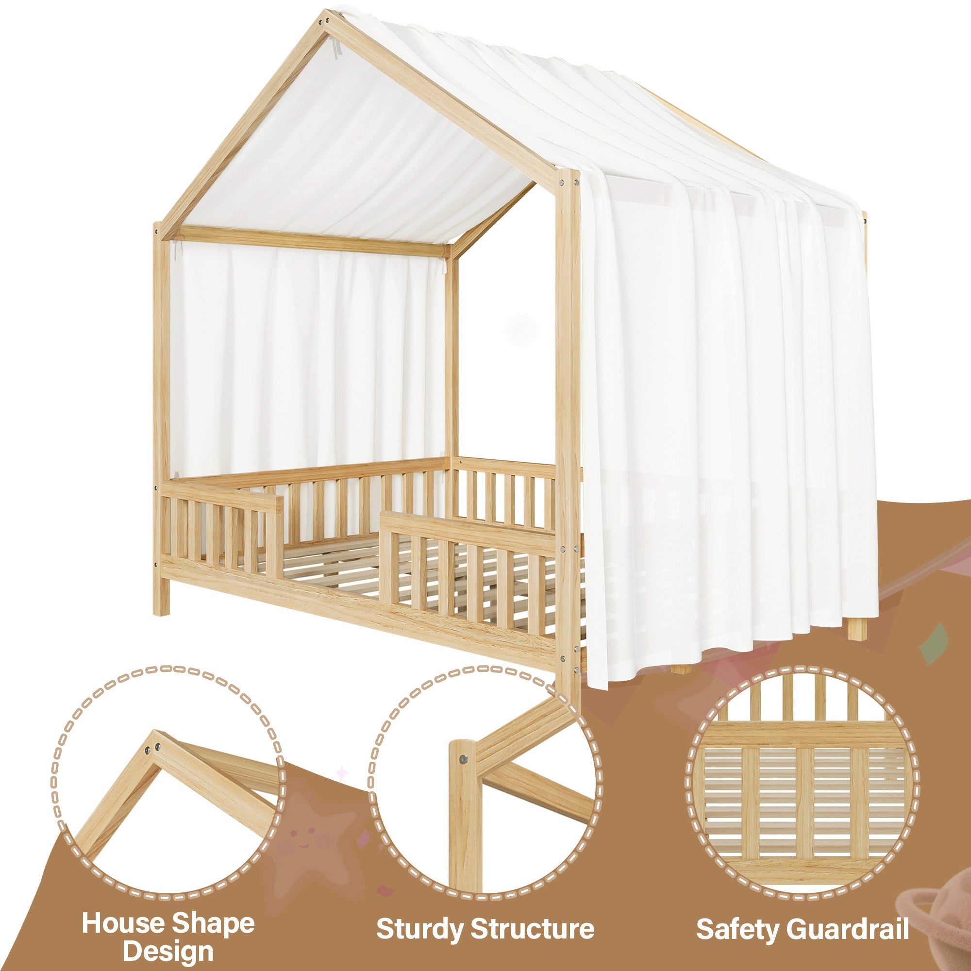 Montessori Floor Bed with Canopy, Full Bed Frame for Kids, House Shape Kids Bed Frame with High Railings, Wood Kids Bed with Roof, Kid Full Bed, Natural