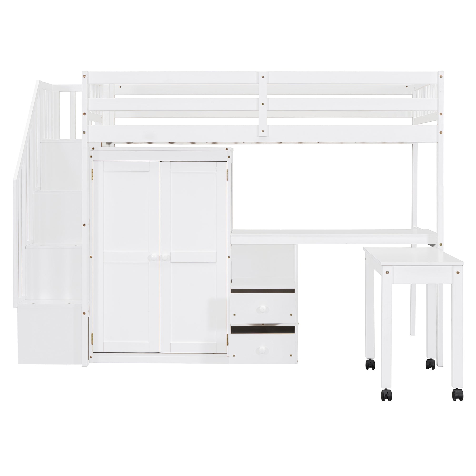 Twin Size Loft Bed with Stairs, Bookshelf, Drawers, Desk & Wardrobe – Space-Saving Multifunctional Furniture for Kids & Teens-White