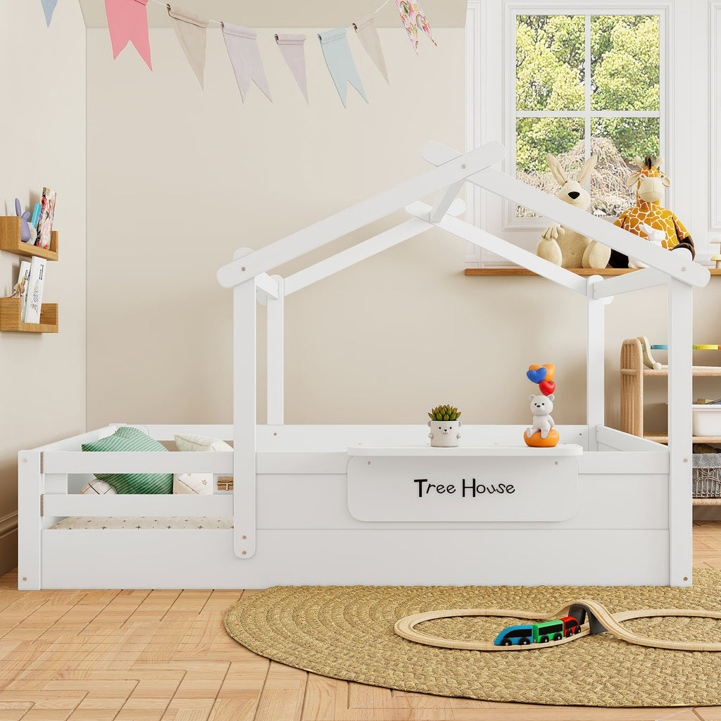 Full Size Floor Bed with Guardrails and Roof, Kids House Floor Bed with a Small Built-in Tray and Free-installed Signboard, Childlike Design, White