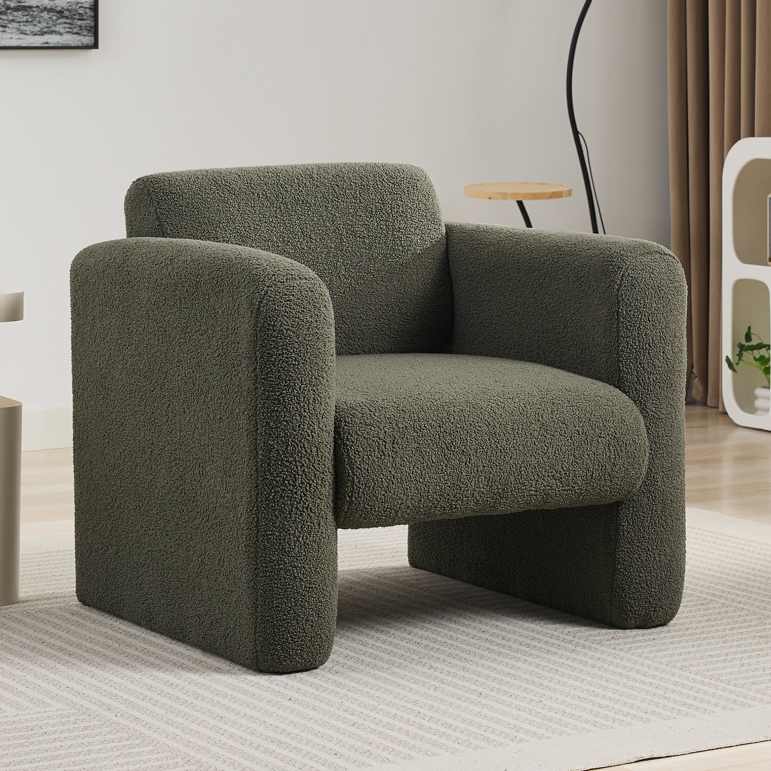 Modern Accent Chair Lambskin Sherpa Fabric Upholstered Comfy Reading Arm Chair Seaweed Green