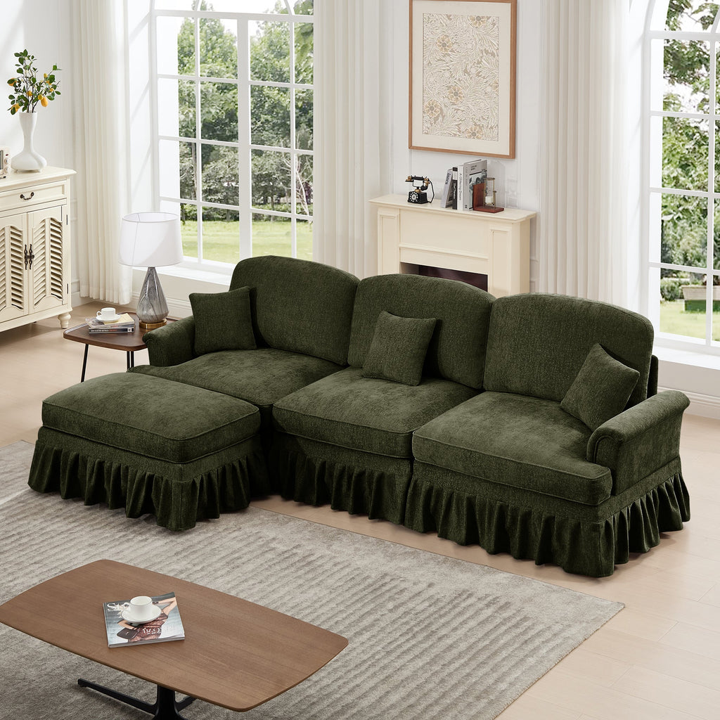 Mid Century Three Seater Modular L Shaped Sectional Couch with Flared Arms and Removable Ruffles Pleats Skirts and Spindle Legs, Comfy Chenille 3-Seat Deep Seat Sofa with Movable Ottoman,Green