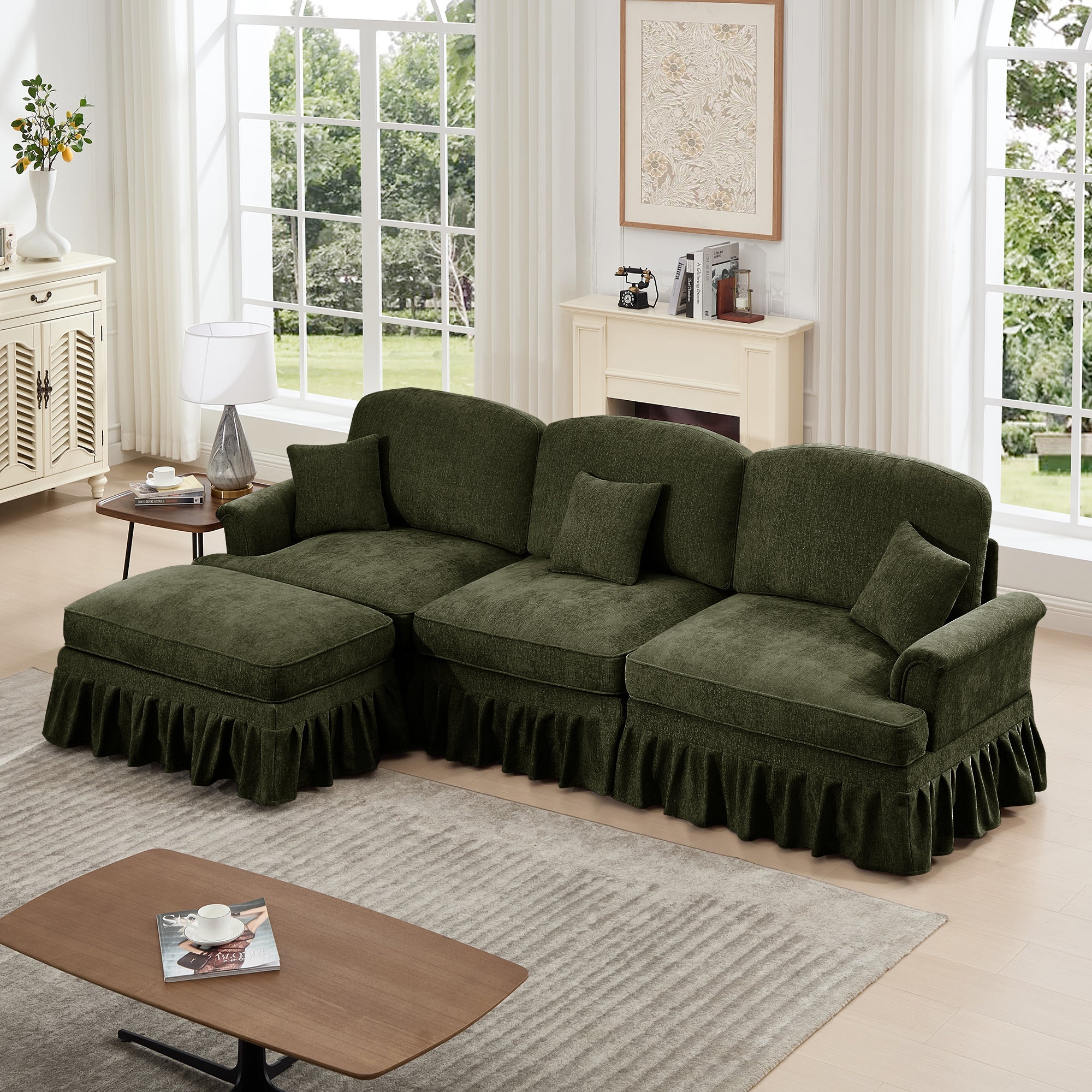 Mid Century Three Seater Modular L Shaped Sectional Couch with Flared Arms and Removable Ruffles Pleats Skirts and Spindle Legs, Comfy Chenille 3-Seat Deep Seat Sofa with Movable Ottoman,Green