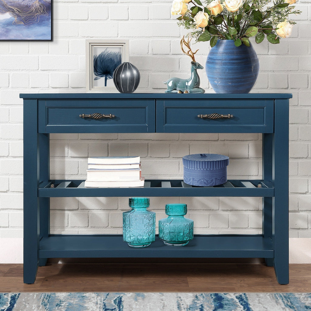 Console Sofa Table with 2 Storage Drawers and 2 Tiers Shelves, Mid-Century Style 42'' Solid Wood Buffet Sideboard for Living Room Furniture Kitchen Dining Room Entryway Hallway,Navy Blue
