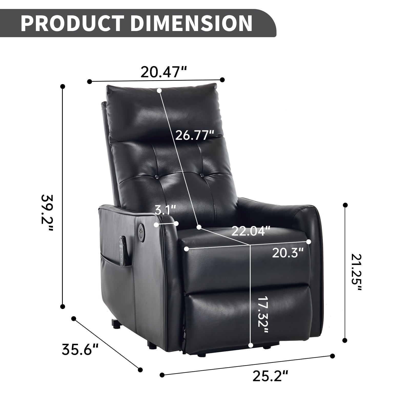 Black PU Single Motor Power Lift Recliner Chair with Massage and Heat for Elderly, Heavy Duty Motion Mechanism and One USB for Charging, Max Reclining Angle 155°