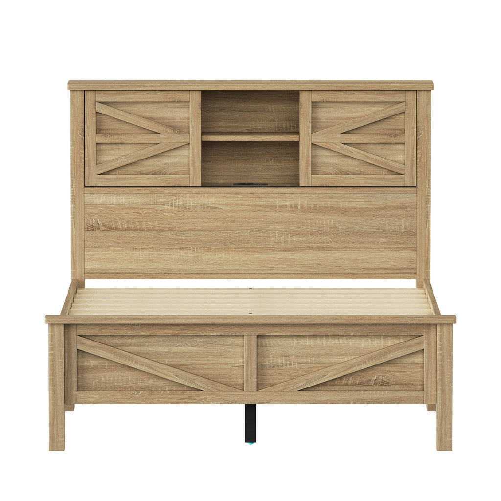 3-Pieces Bedroom Sets Full Size Farmhouse Platform Bed with Double Sliding Door Storage Headboard and Charging Station, Storage Nightstand and Dresser, Natural
