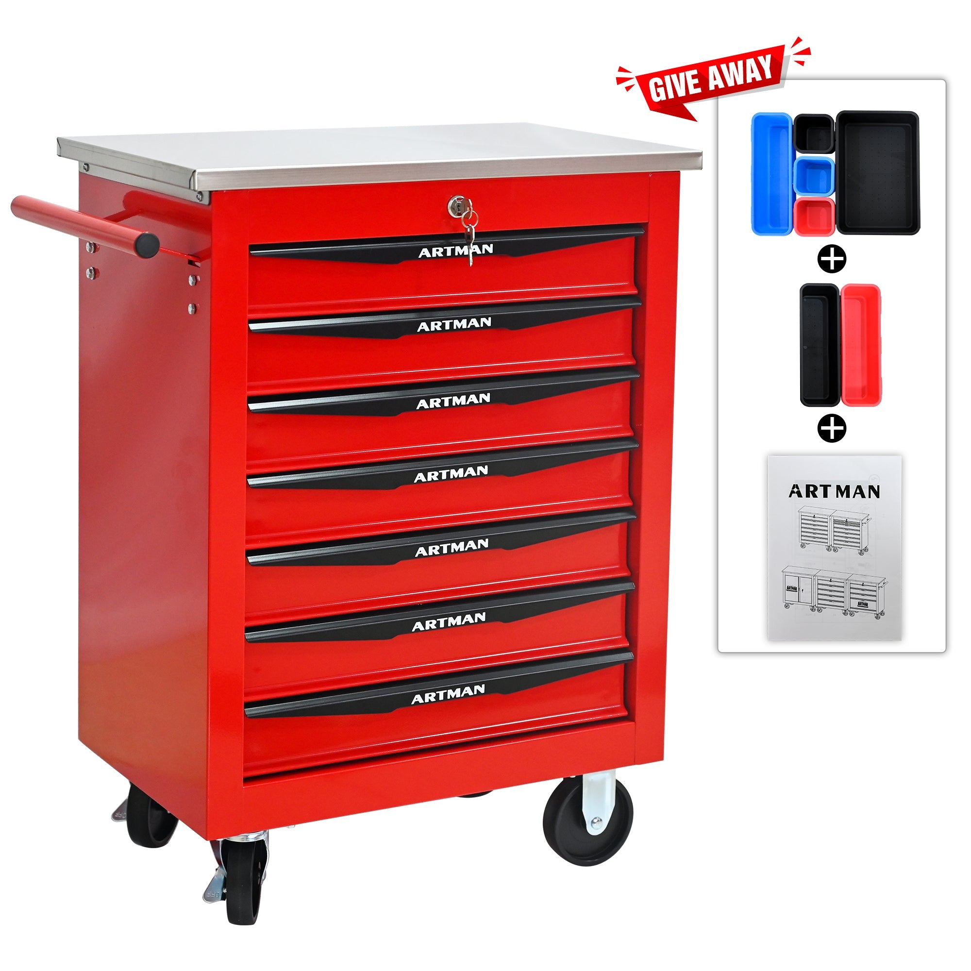7 Drawers Multifunctional Tool Cart with Wheels,Metal Rolling Tool Cart Storage for Garage Workshop Warehouse Repair Shop--With Stainless Steel Roof- Red&Black