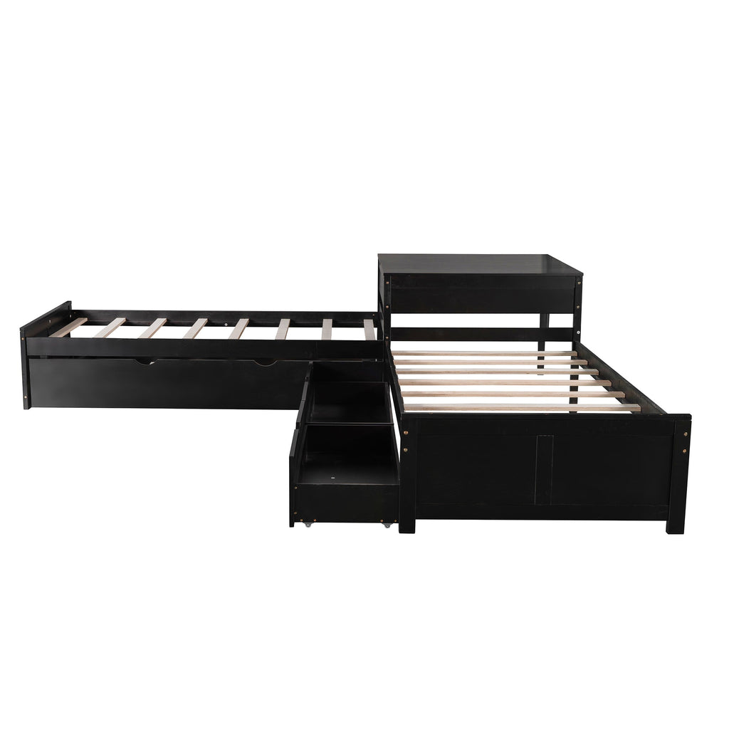 L-shaped Platform Bed with Trundle and Drawers Linked with built-in Desk,Twin,Espresso(Old SKU:SM000916AAP)