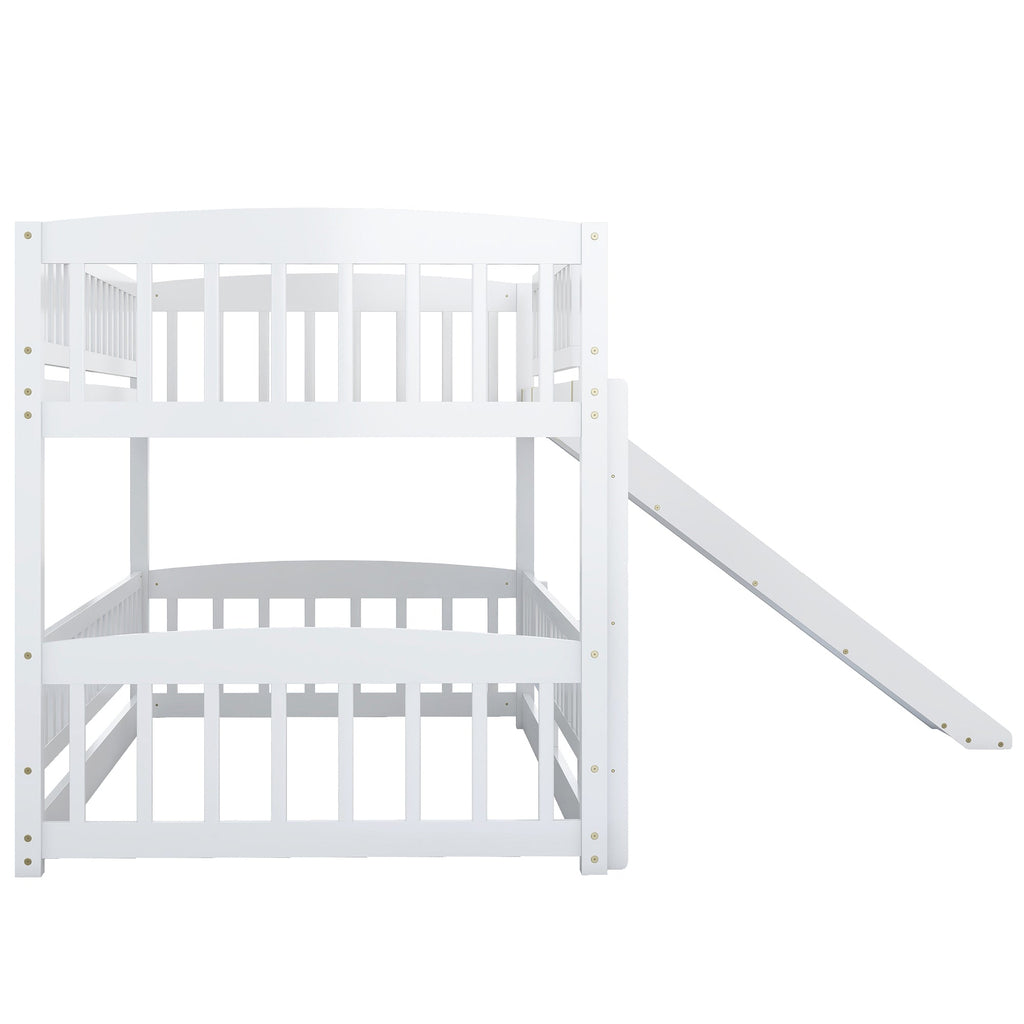 Bunk Bed with Slide,Twin Over Twin Low Bunk Bed with Fence and Ladder for  Kids Teens White