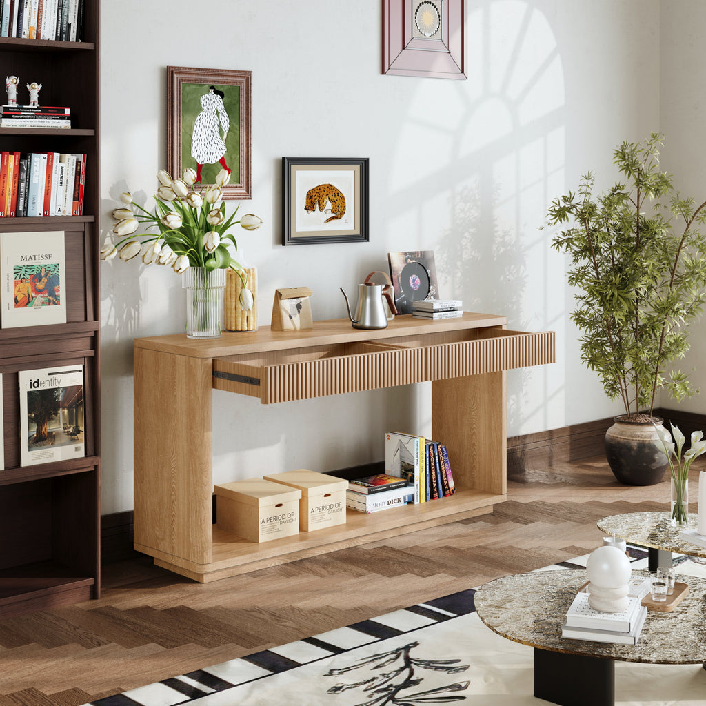 60' Modern 2-Drawer Fluted Console Table Natural Wood Veneer Sofa Table Behind Couch Table for Living Room, Hallway, Entryway, Home Office, Natural Wood
