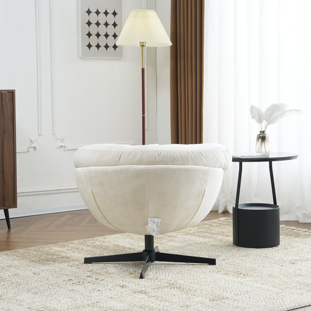 Modern Chenille Office Chair, 360° Swivel Club Chair/Accent Chair with Removable Cushion, Round Office Chair, Black Metal Base, Cotton Material, Living Room, Bedroom, Reading Corner, Office (Beige)