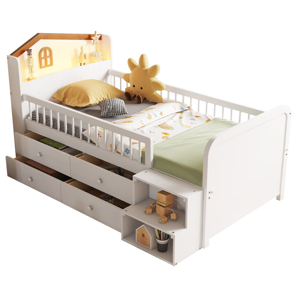 Low Loft Bed with LED Lights, Wooden Twin Loft Bed with House Shape Headboard, Kids Loft Bed with Storage Drawers, White (Expect Arrival Date 2025/1/20)