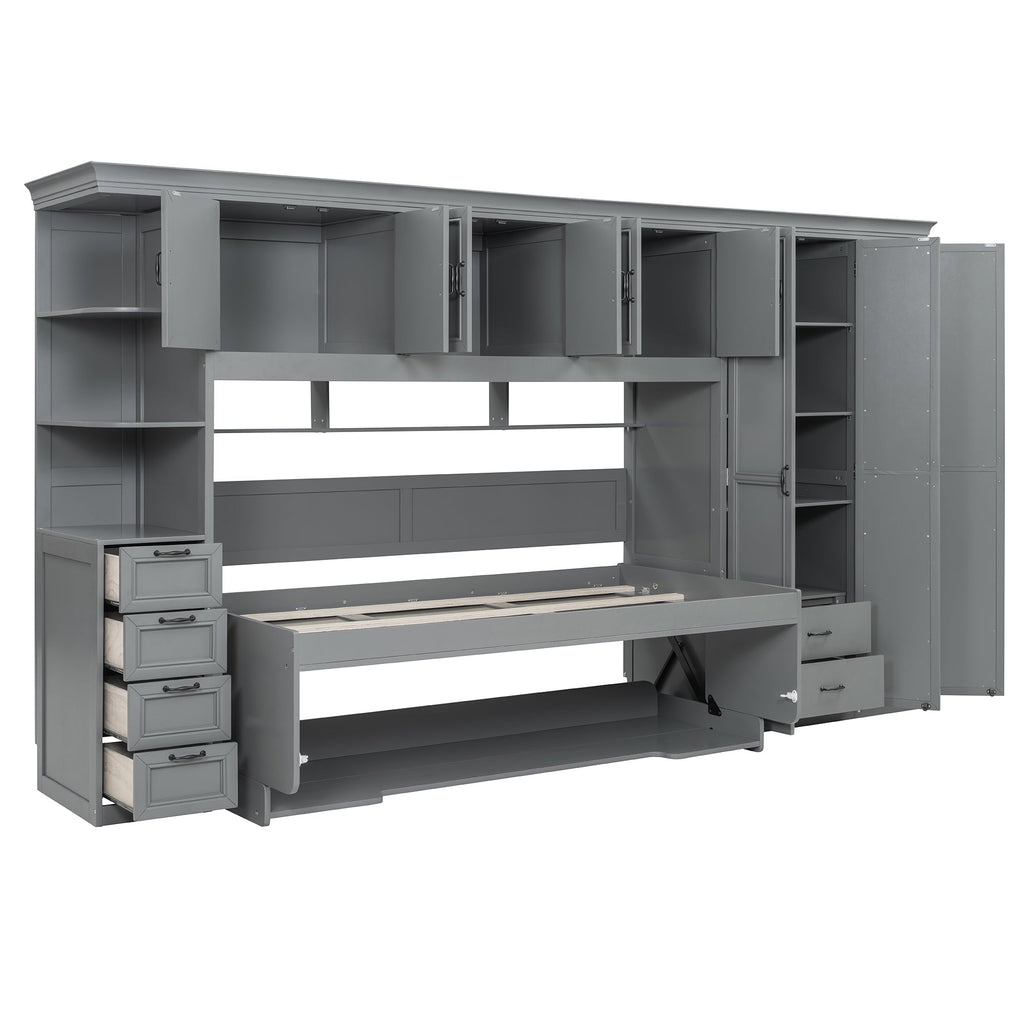 Twin Size Murphy Bed Wall Bed with Wardrobe, Cabinet and Desk, Gray