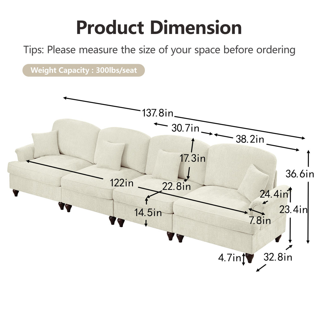 Elegant Mid Century Large 4 Seater Sofa Couch with Flared Arms and Removable Ruffles Pleats Skirts and Spindle Legs, Comfy Chenille Four-Seat Sofa for Living Room, Beige White