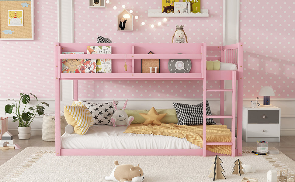 Low Twin Over Twin Bunk Bed, Floor Bunk Bed with Ladder, Solid Wood Twin Bunk Bed for Kids & Juniors, Pink(Expect Arrival Date 2025/11/25)