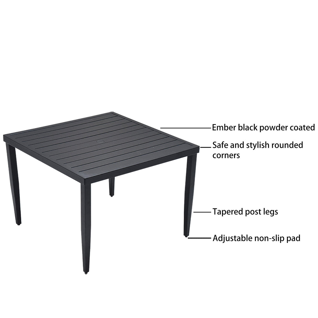 Outdoor Patio Aluminum 40'x40' Square Dining Table with Tapered Feet & 2'Umbrella Hole, Ember Black