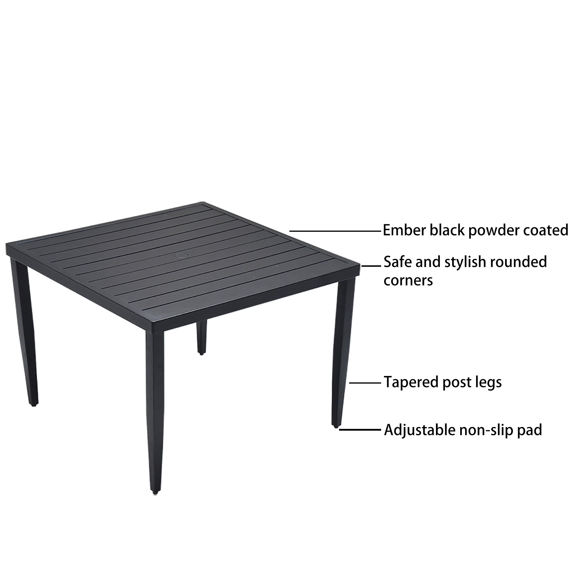 Outdoor Patio Aluminum 40'x40' Square Dining Table with Tapered Feet & 2'Umbrella Hole, Ember Black