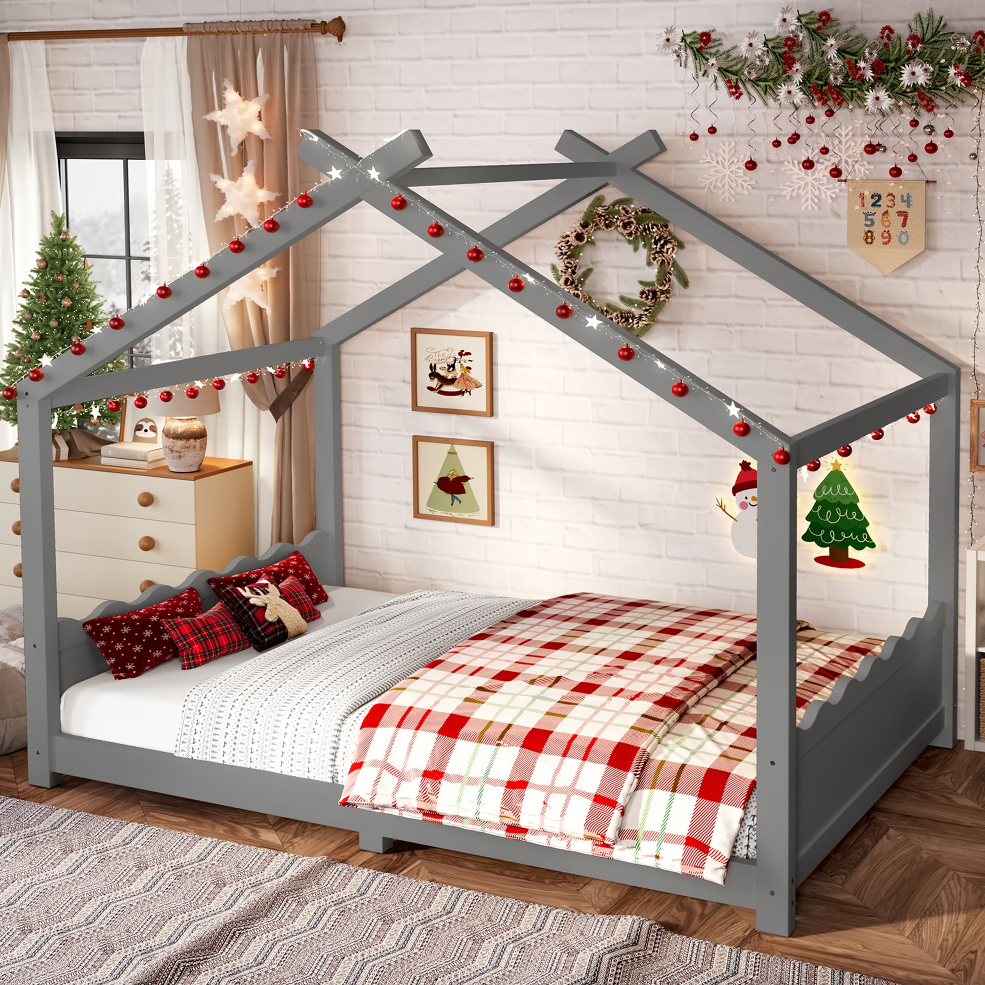 Full House Floor Bed with Support Slats, Solid Wood House Bed Frame for Kids, No Box Spring Needed and Opening Constructure, Gray