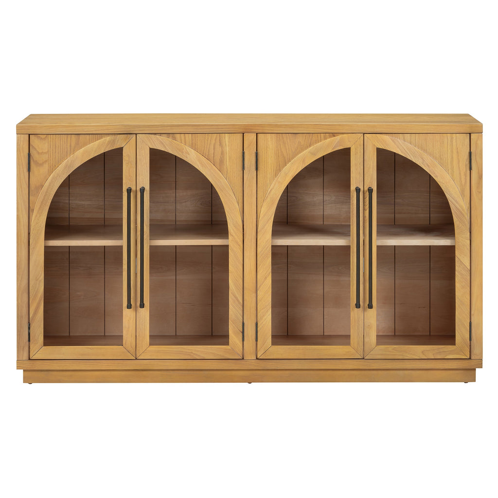 TREXM 4-Door Large Storage Sideboard Buffet Cabinet with Glass Doors, Arched Cabinet with Adjustable Shelves for Kitchen, Dining Room and Living Room (Natural Wood)