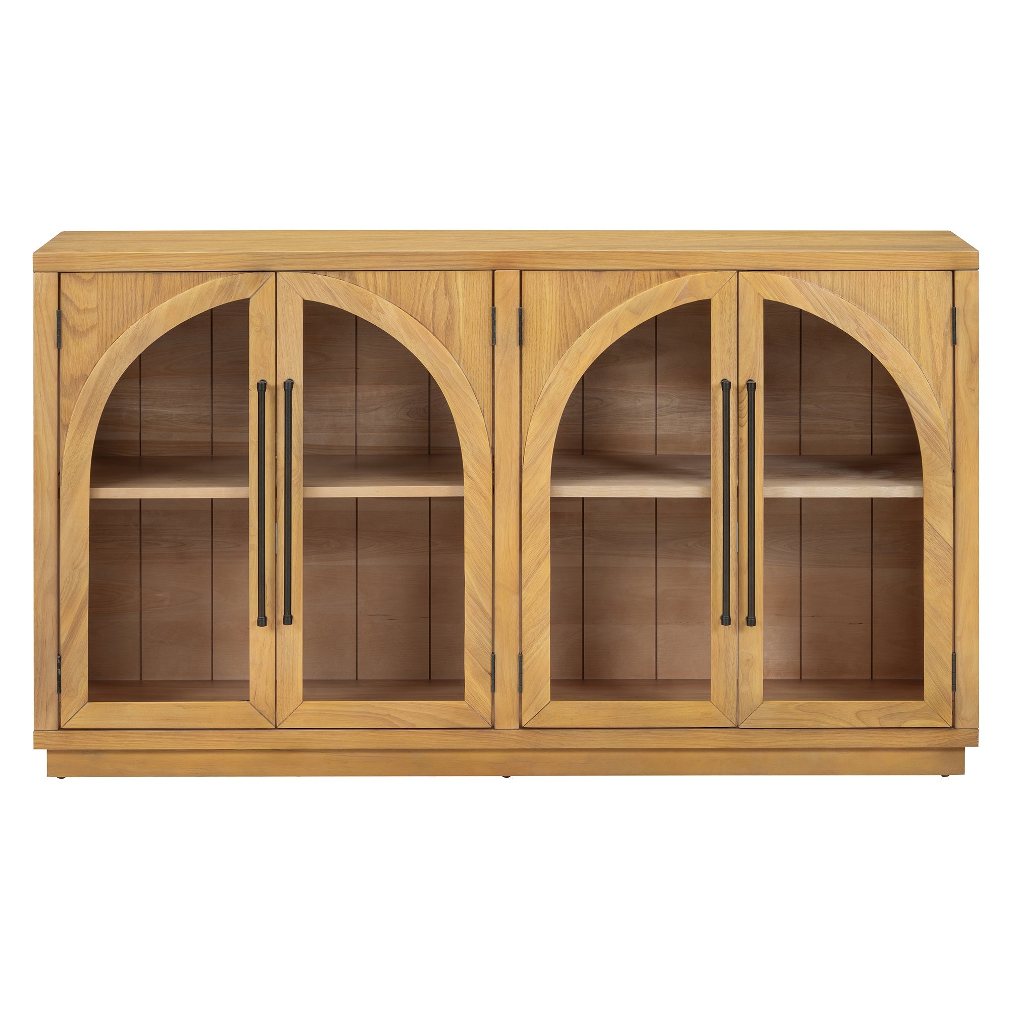 TREXM 4-Door Large Storage Sideboard Buffet Cabinet with Glass Doors, Arched Cabinet with Adjustable Shelves for Kitchen, Dining Room and Living Room (Natural Wood)