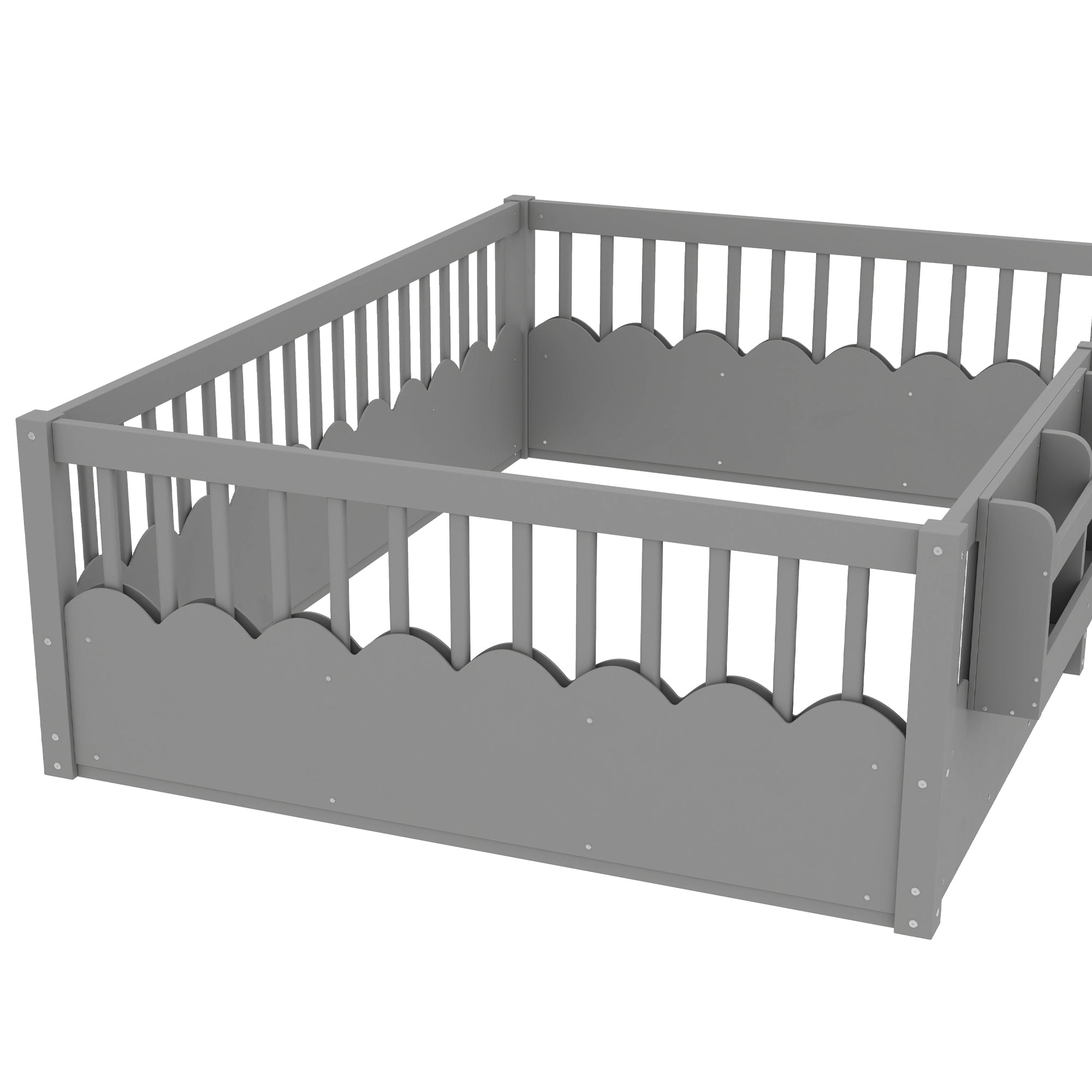 Full Floor bed with Heightened Fence and bookshelf ,Wood Floor Bed for Kids,Gray.