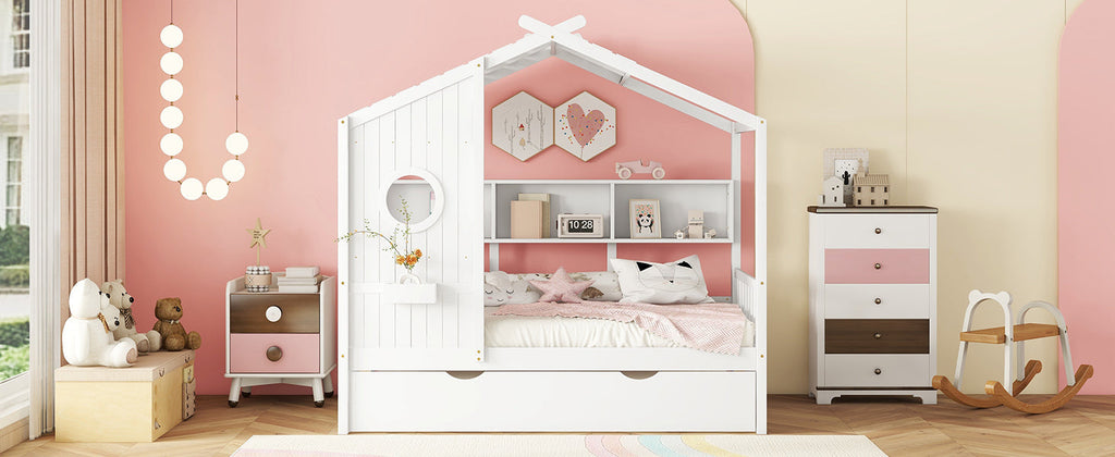 Wooden Twin Size House Bed With Trundle, Modern Design for Kids with Storage Shlef, White(old SKU HL000094AAK)