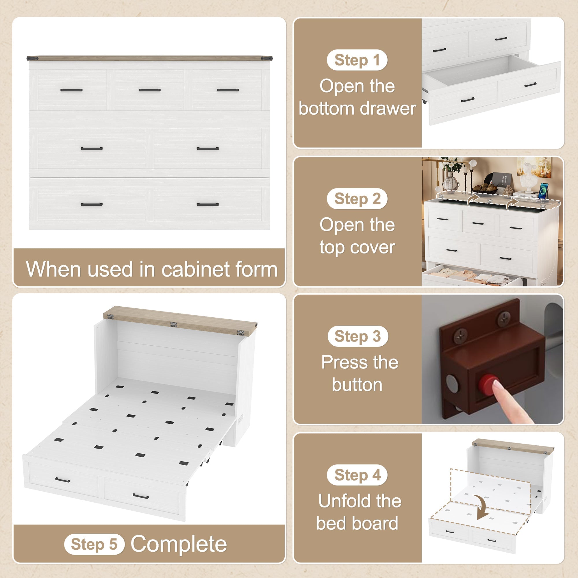 Murphy Bed Cabinet Queen Size with Charging Station, Multi-Functional Foldable Platform Bed with 1 Large Storage Drawer for Guest Room, Small Bedroom, White
