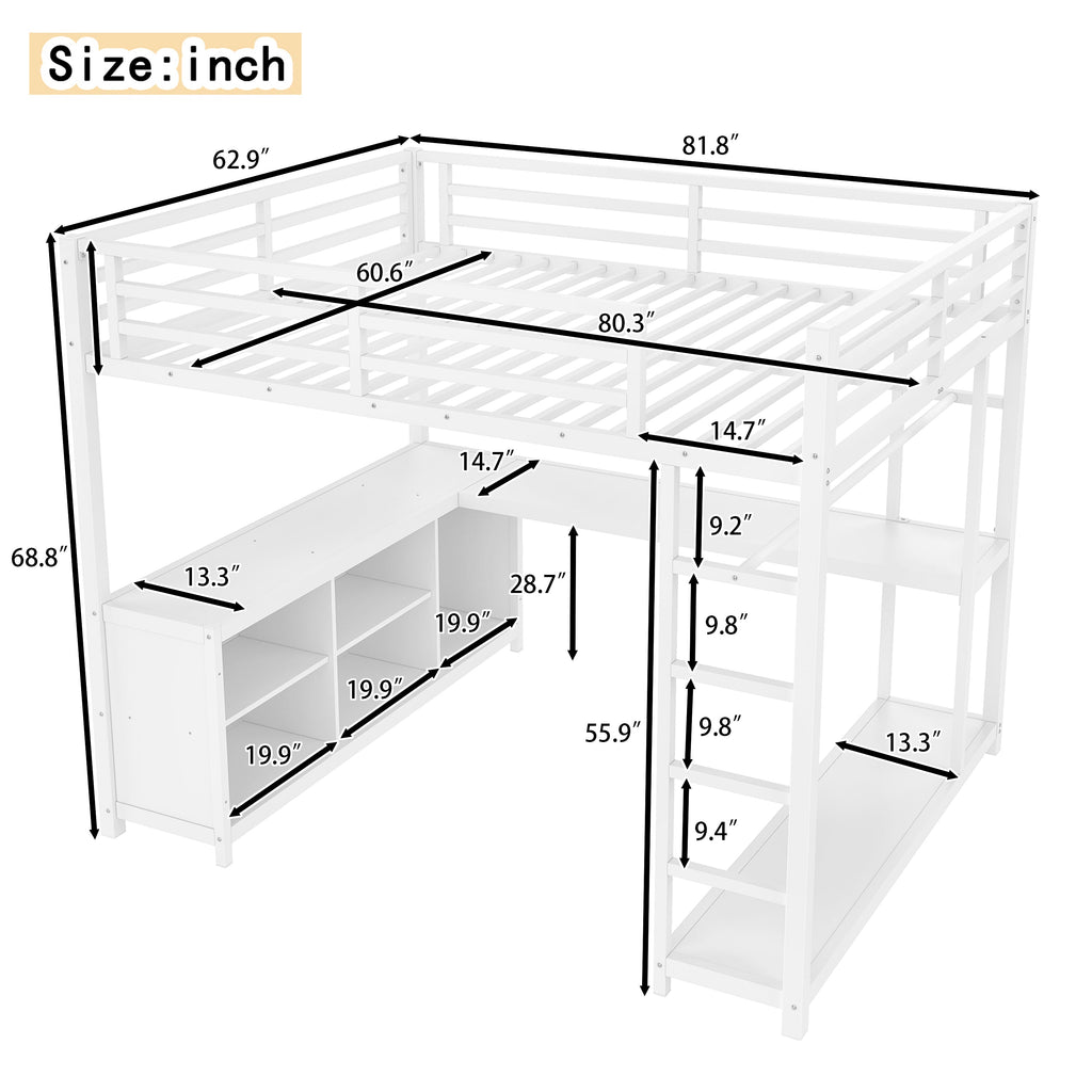 Metal Loft Bed with Wardrobe and L-shaped Desk, Queen Size Loft Bed with Storage Cubes and Shelves, Loft Bed for Kids Teens Adults, White