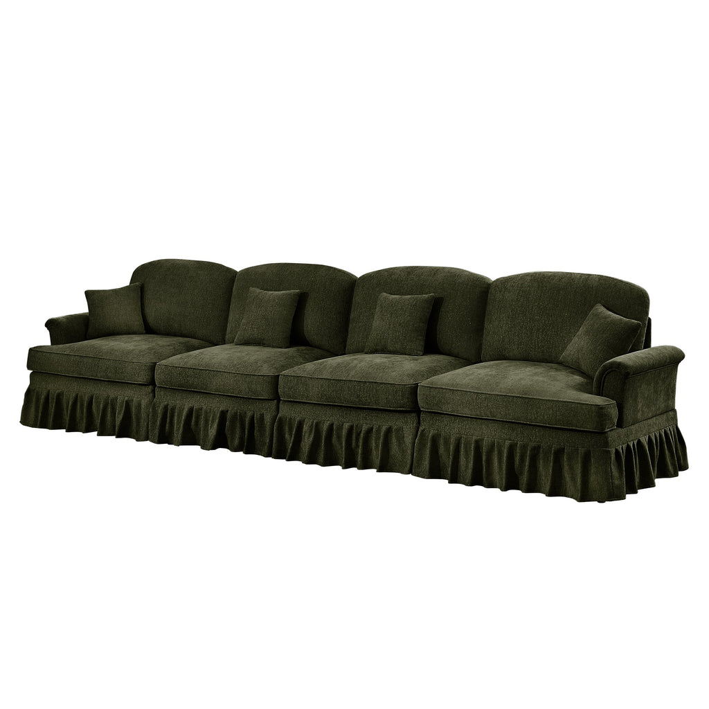 Elegant Mid Century Large 4 Seater Sofa Couch with Flared Arms and Removable Ruffles Pleats Skirts and Spindle Legs, Comfy Chenille Four-Seat Sofa for Living Room, Green