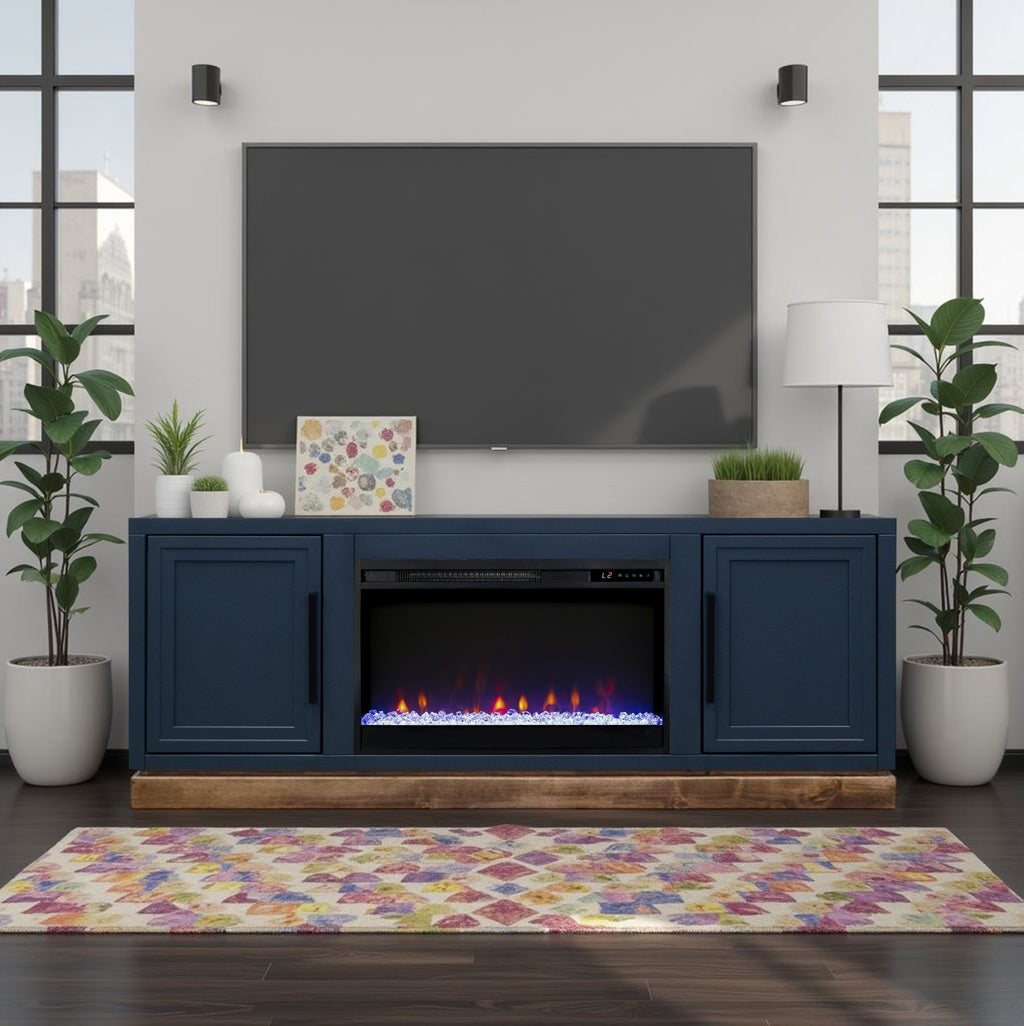 Nora 64 inch Fireplace TV Stand, for TVs up to 85 inches, Blue Denim and Whiskey Finish