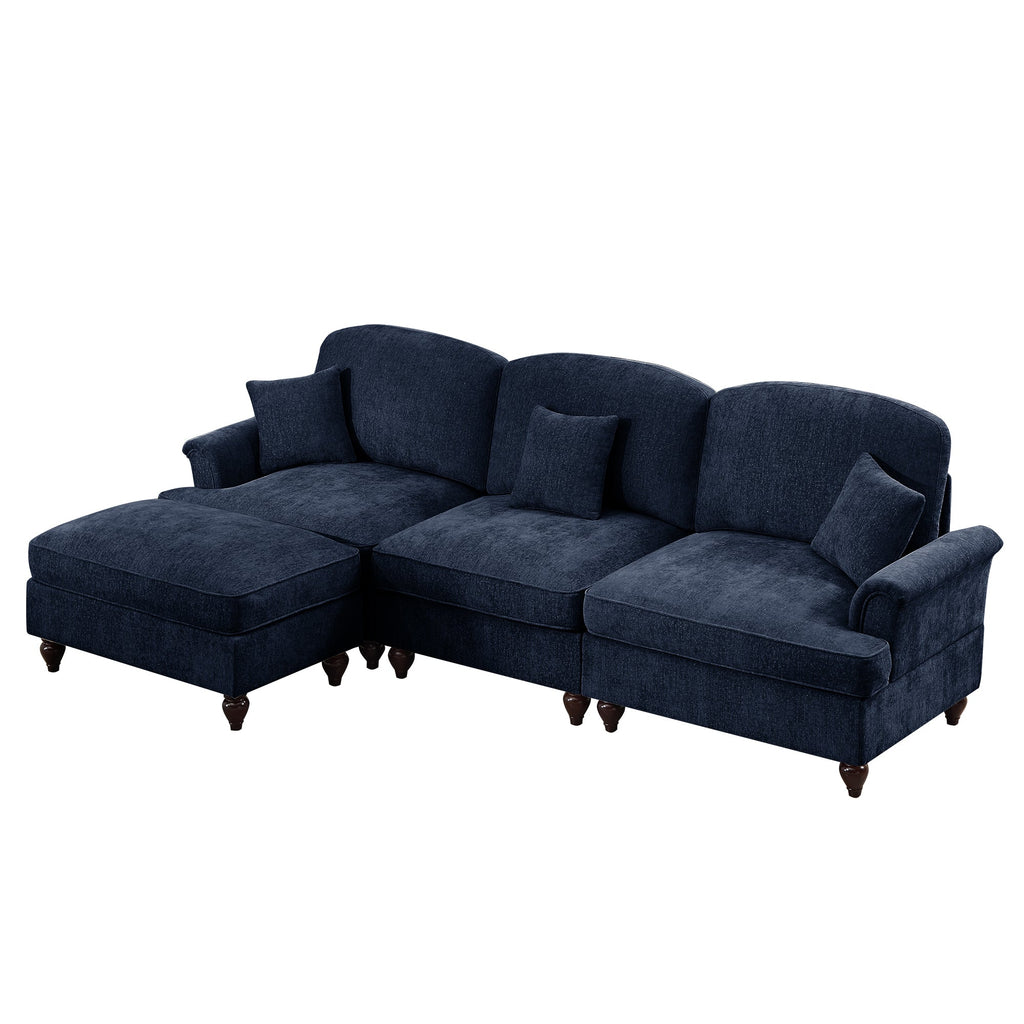 Mid Century Three Seater Modular L Shaped Sectional Couch with Flared Arms and Removable Ruffles Pleats Skirts and Spindle Legs, Comfy Chenille 3-Seat Deep Seat Sofa with Movable Ottoman,Blue