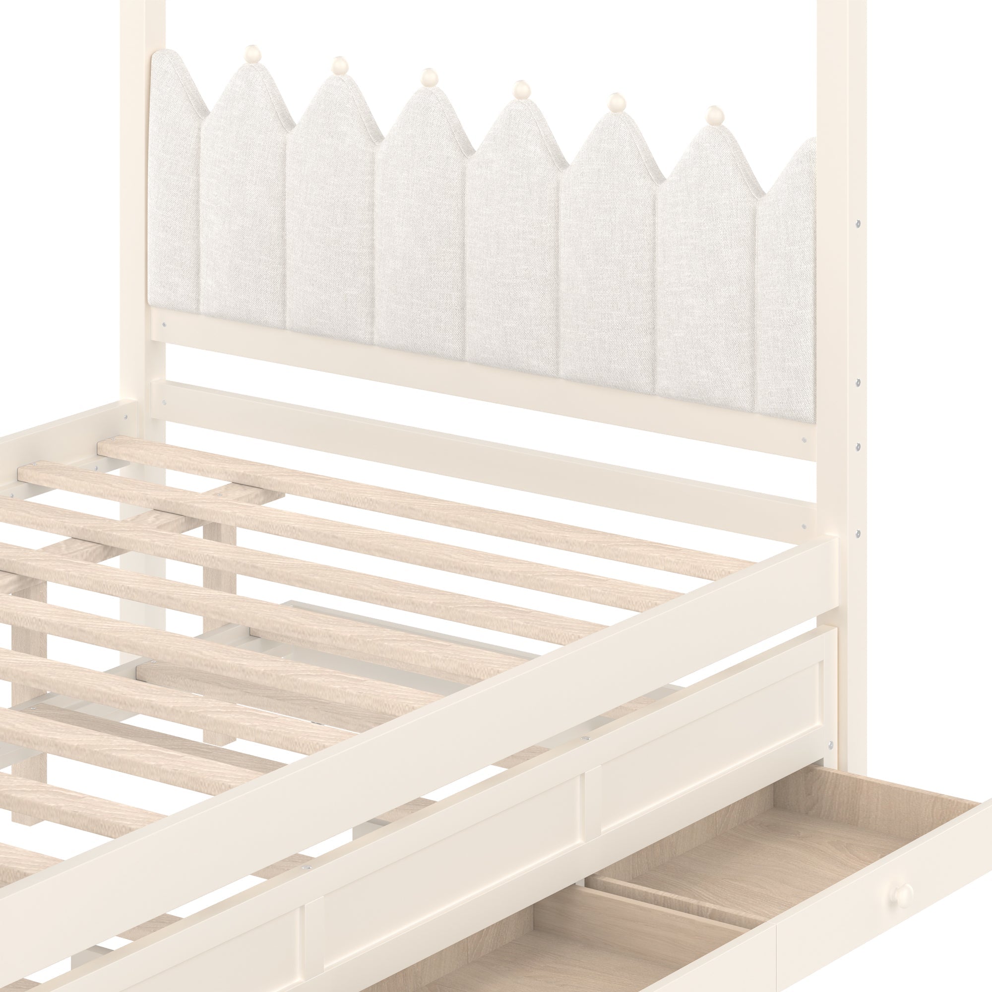 Full Platform Bed with Upholstered Headboard,Twin Size Trundle and 3 Drawers,Princess Canopy Bed Frame for Kids,Storage & Easy Assembly,Beige.