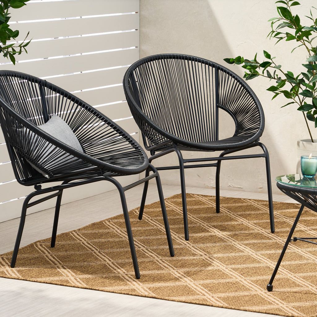 Outdoor Faux Rattan/Iron Metal Club Chair, Set of 2, Black