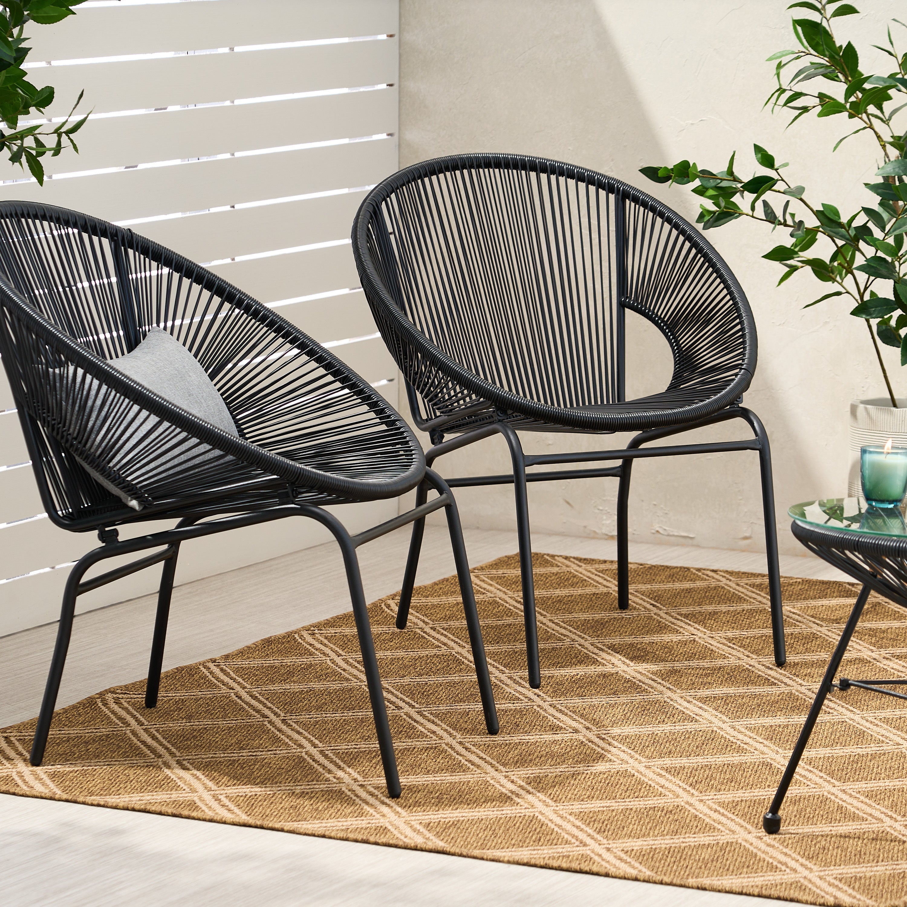 Outdoor Faux Rattan/Iron Metal Club Chair, Set of 2, Black