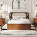 Queen Size Rattan Headboard Bed with Two Drawers and Trundle, Walnut