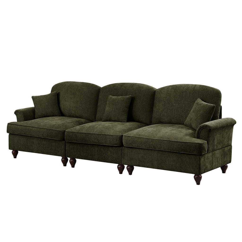 Elegant Mid Century Large 3 Seater Sofa Couch with Flared Arms and Removable Ruffles Pleats Skirts and Spindle Legs, Comfy Chenille Three-Seat Sofa for Living Room, Green
