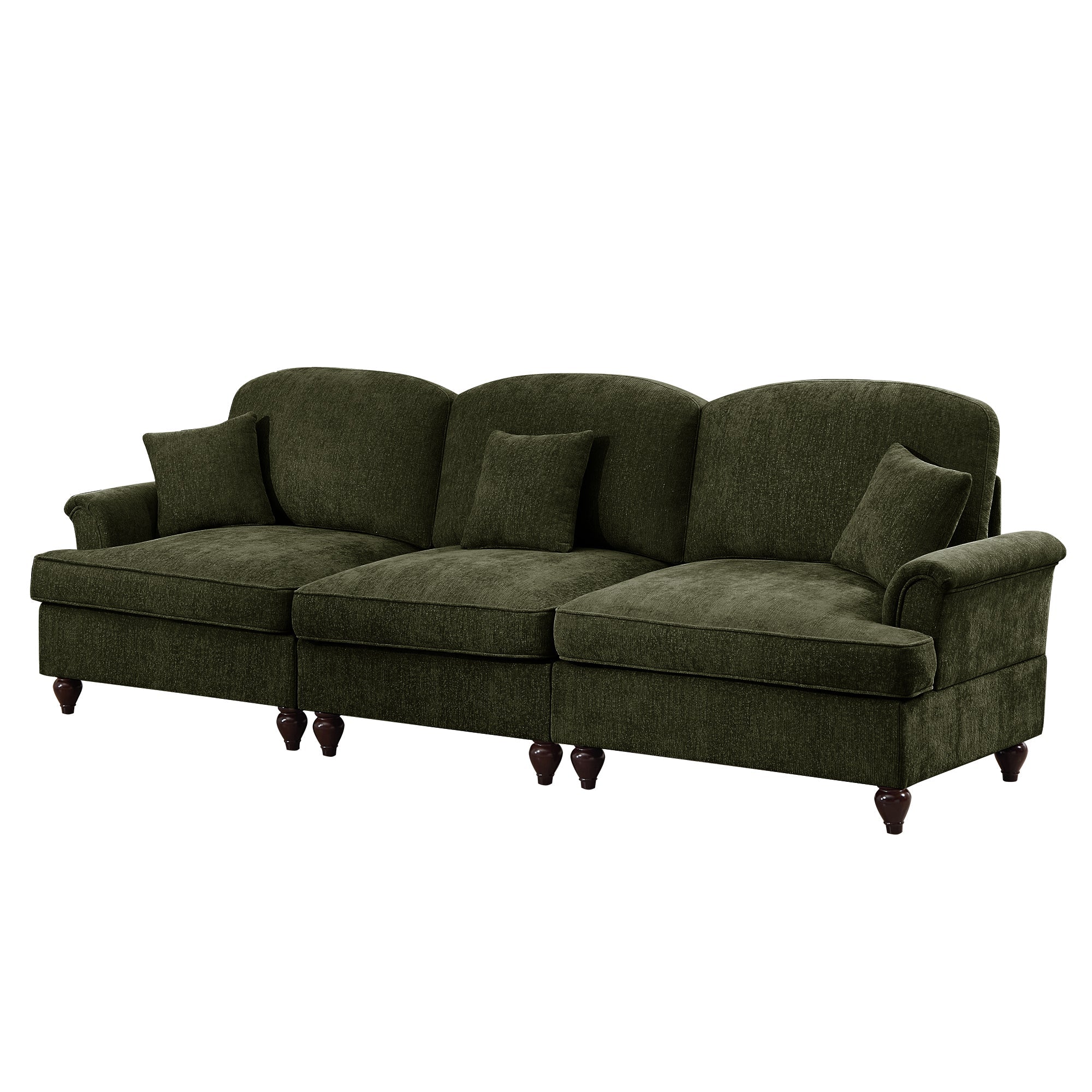 Elegant Mid Century Large 3 Seater Sofa Couch with Flared Arms and Removable Ruffles Pleats Skirts and Spindle Legs, Comfy Chenille Three-Seat Sofa for Living Room, Green