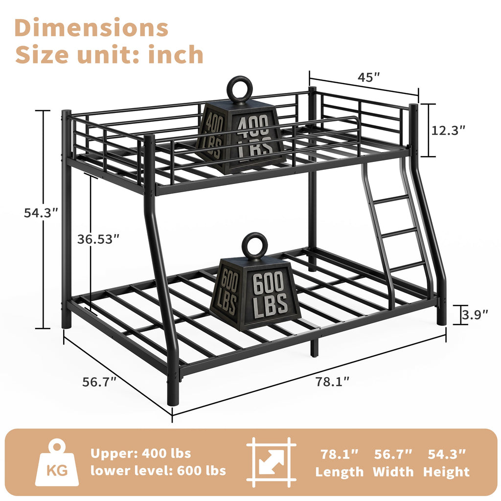 Twin Over Full Bunk Bed, Metal Bunk Bed Frame with Ladder, Safety Rail & Steel Slats, Space-Saving Bunk Beds for Kids Teens Adults, Noise Free for Dorm Bedroom, No Box Spring Needed