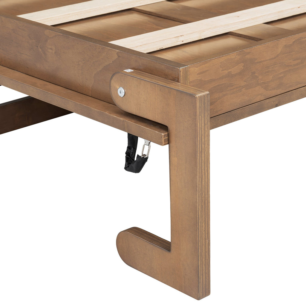 Twin Size Murphy Bed with Charging Station and Drawer in Wood Color, Solid Pine Wood + MDF