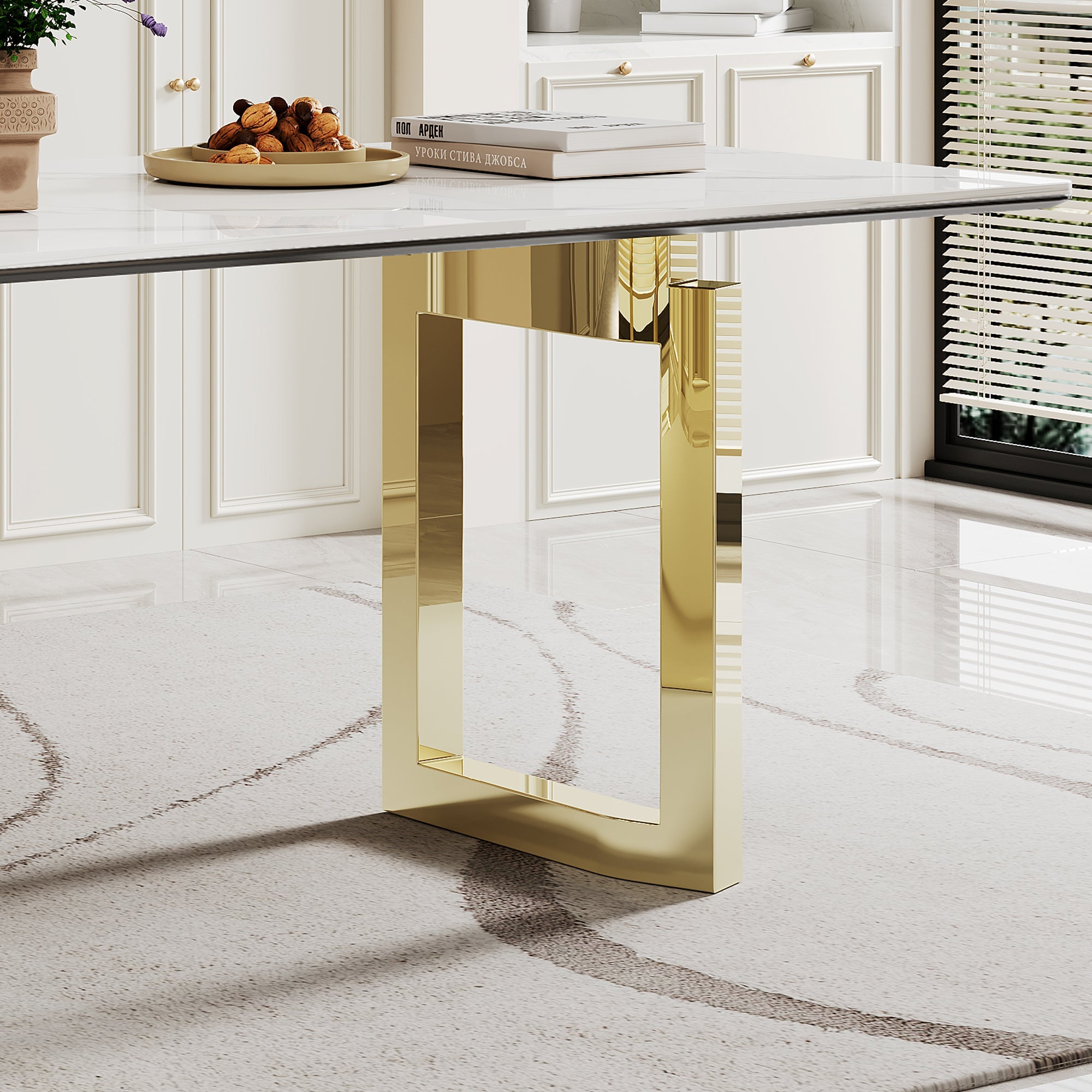 0.47' Thick Sintered Stone Composite Tempered Glass Top Rectangular Dining Table with Stainless Steel Base