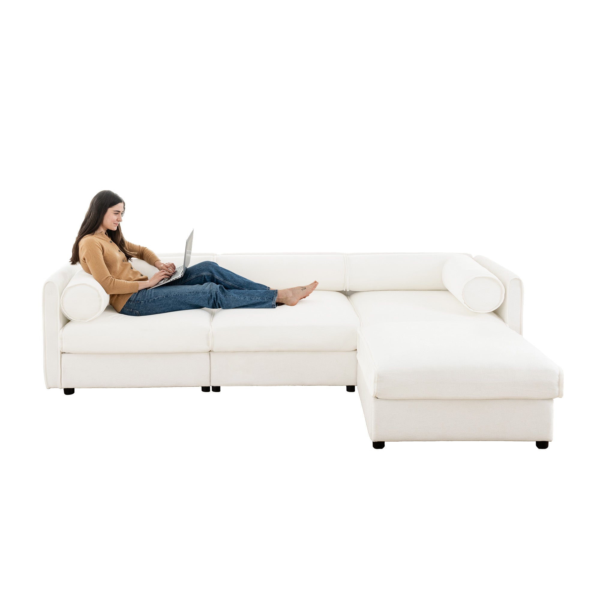 Elegant White Chenille  Sofa with Storage Seat and Ottoman, L-Shaped 3-Seater Cylindrical Backrest and Armrests, Contemporary 3-Seater Fabric Couch with Hidden Storage Compartment