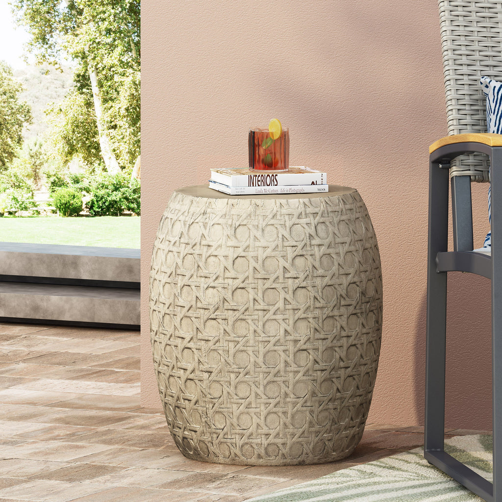 Bohemian Outdoor Lightweight Concrete Side Table with Cane Wicker Pattern, Antique Yellow, Magnesium Oxide, 17.50' x 17.50' x 19.75'