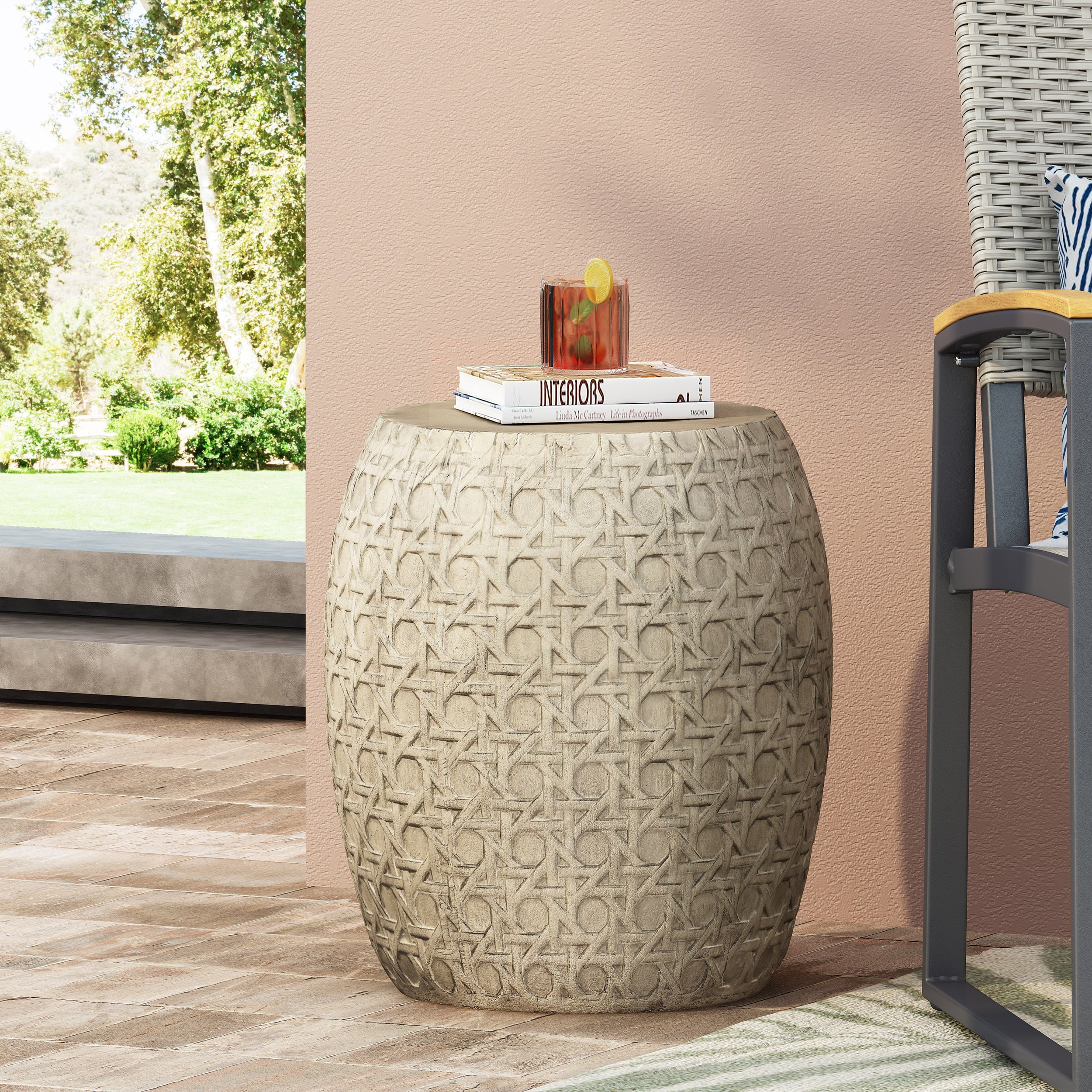 Bohemian Outdoor Lightweight Concrete Side Table with Cane Wicker Pattern, Antique Yellow, Magnesium Oxide, 17.50' x 17.50' x 19.75'